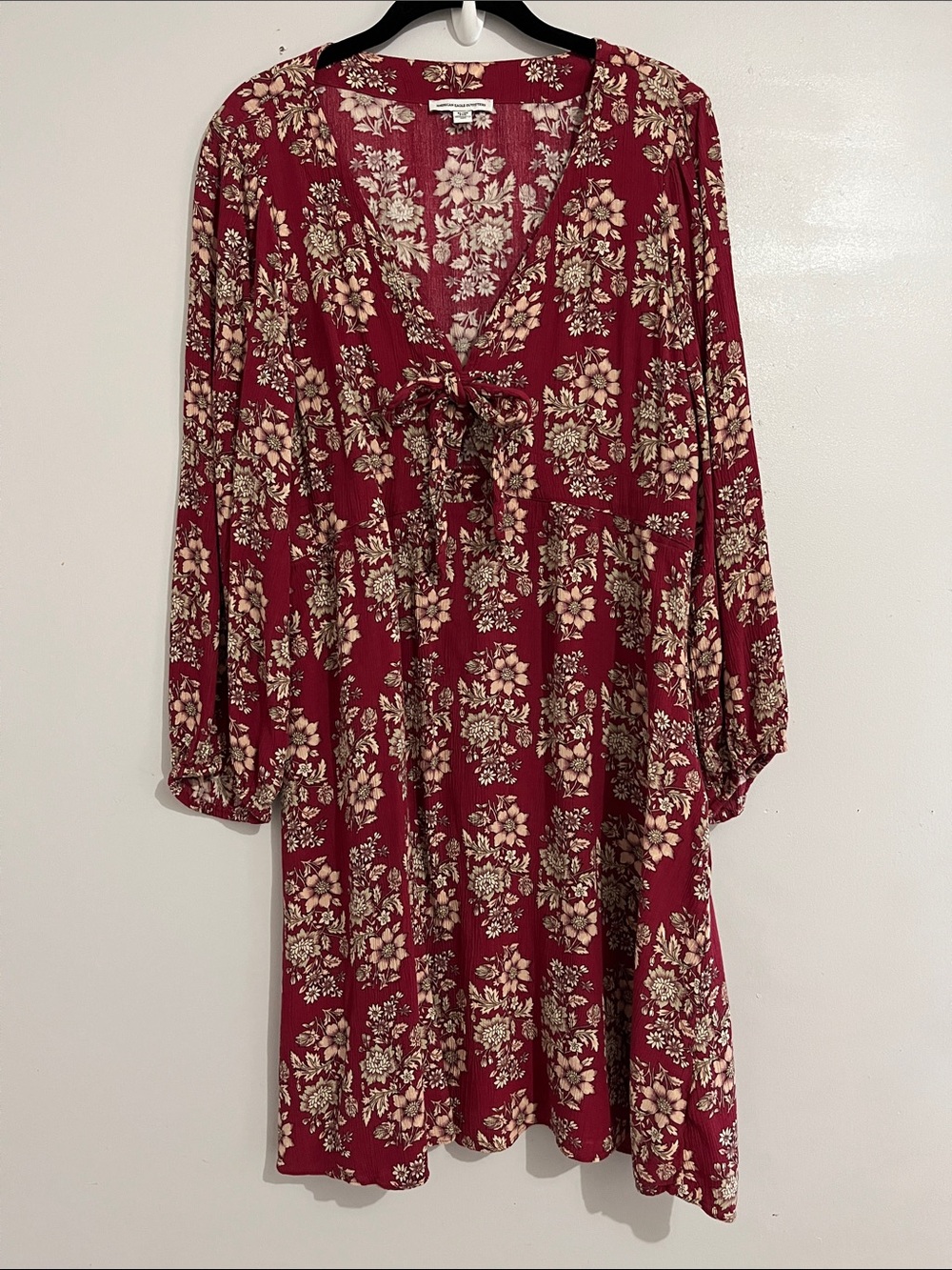 American Eagle Outfitters Red Floral Long Sleeve Tie-Front Dress XL